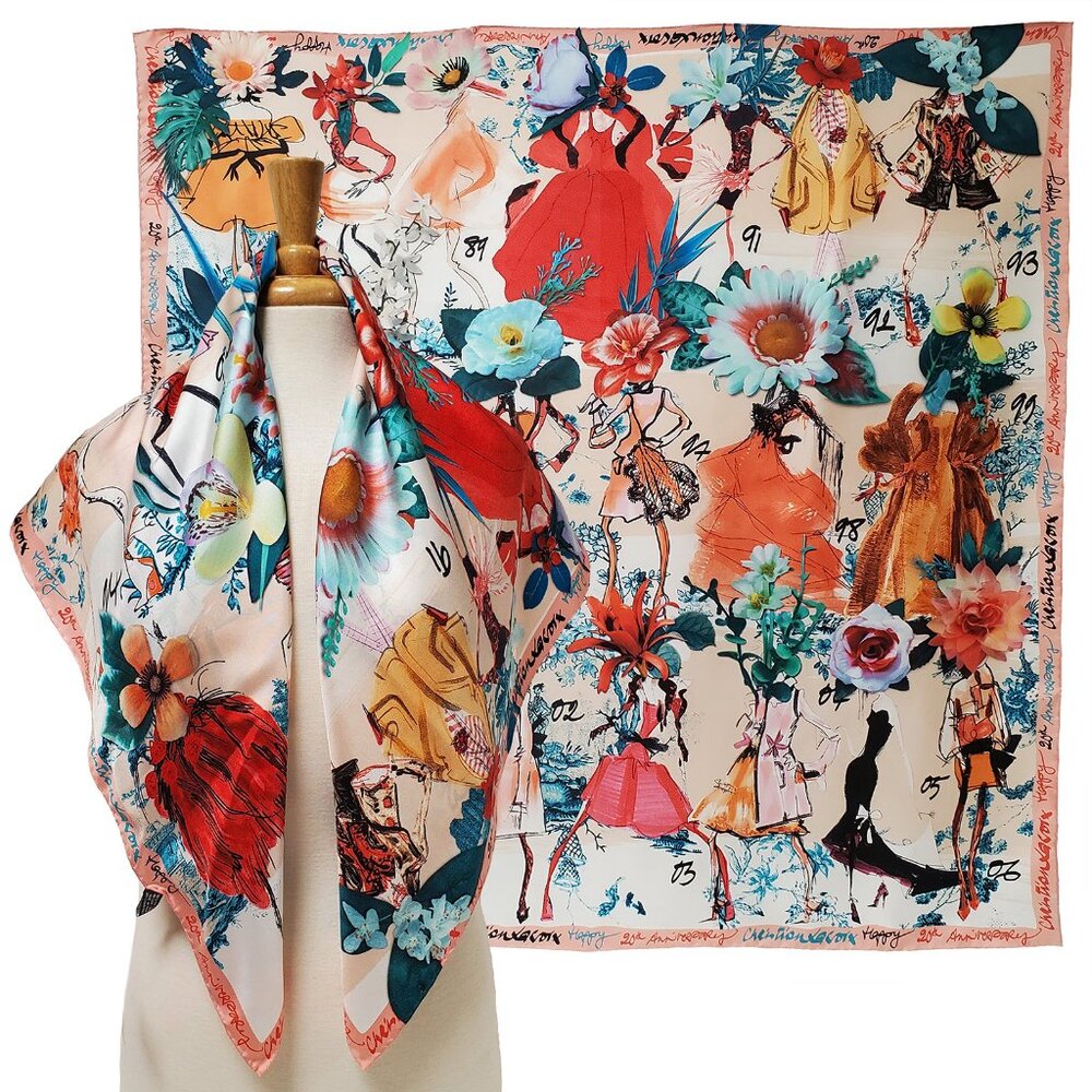 CHRISTIAN LACROIX SILK SCARF FLORAL COUTURE SKETCH PRINT FOULARD SQUARE 35"